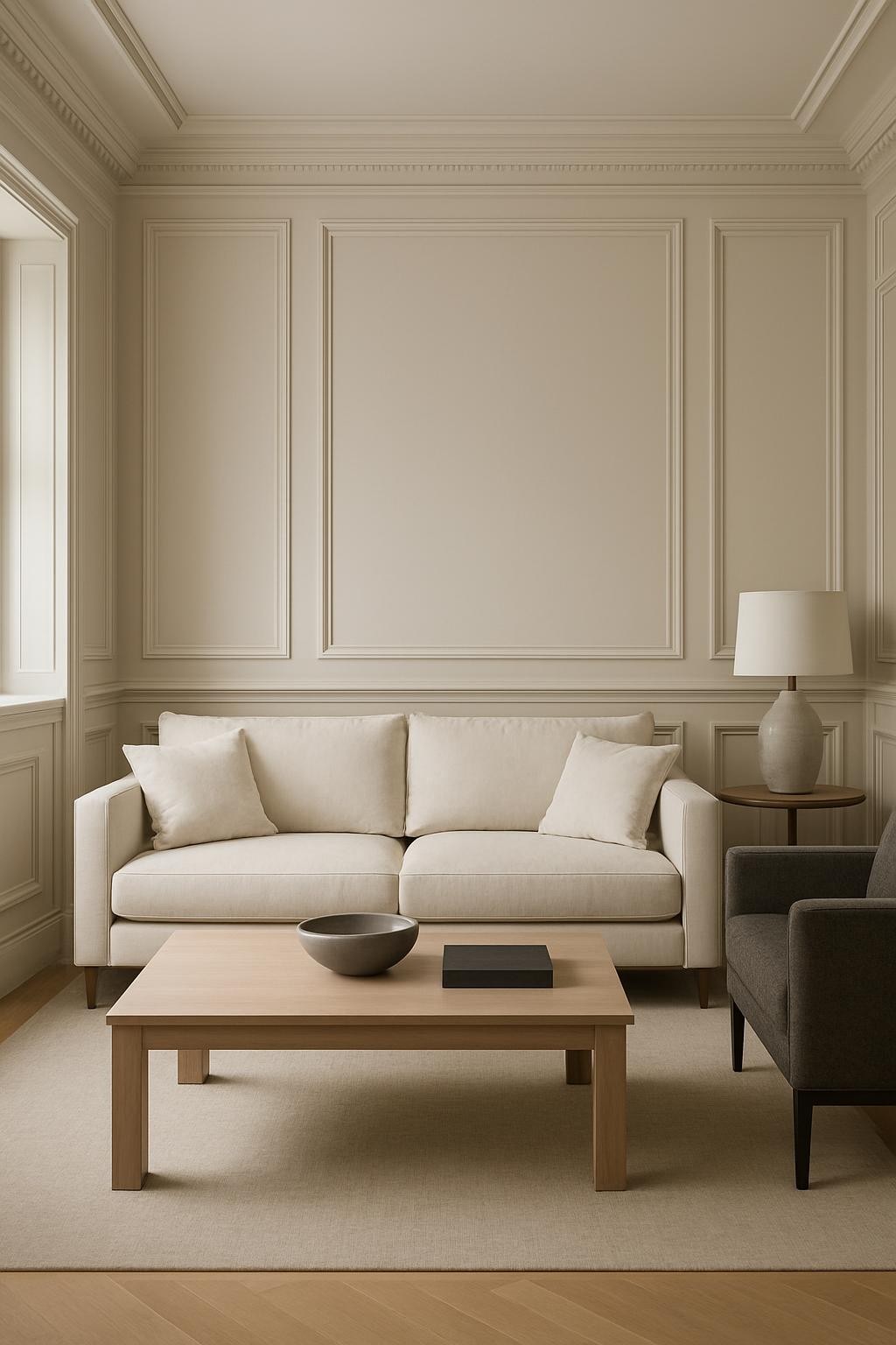 A living room space with exceptional trim mouldings