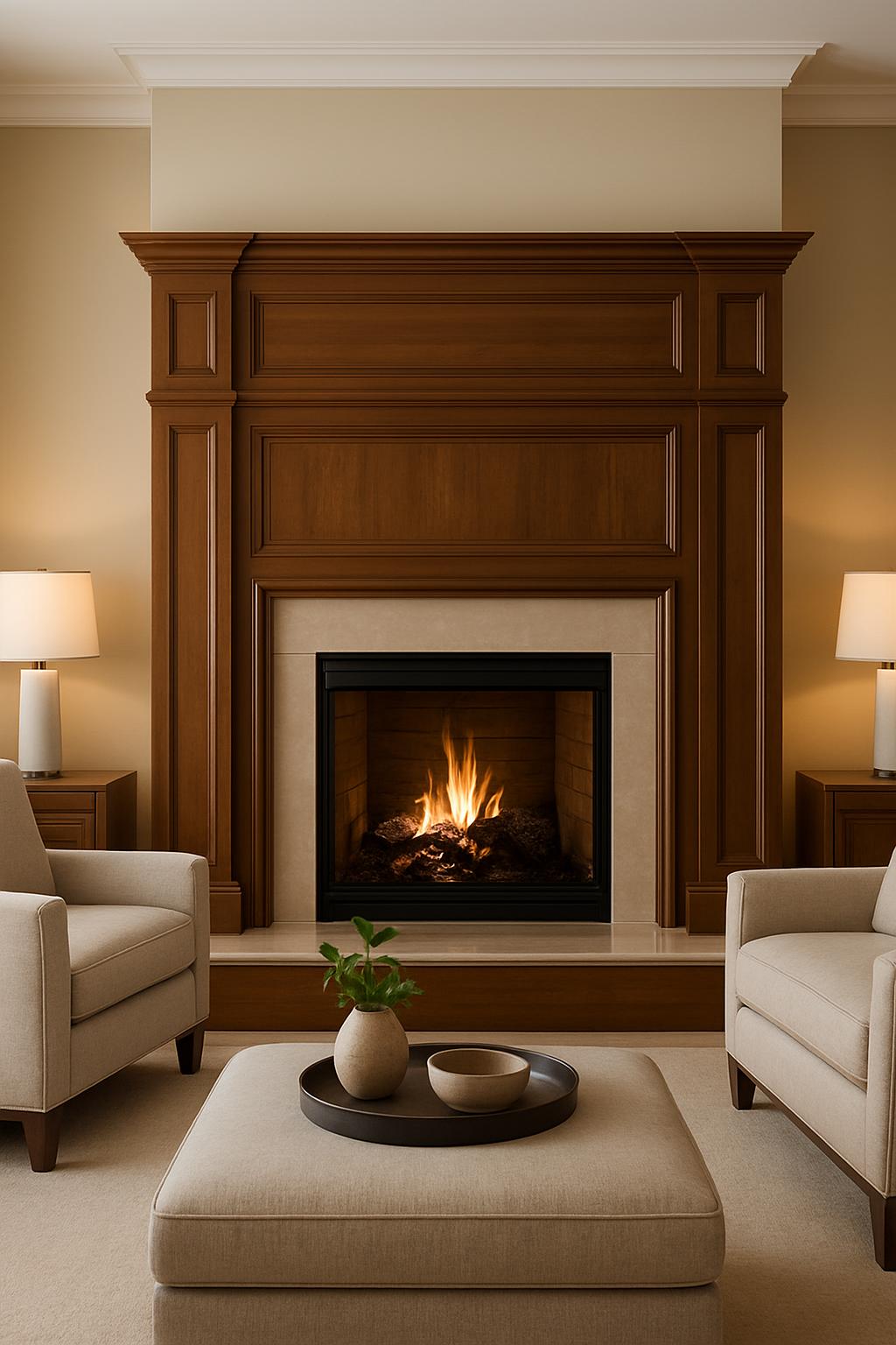 Modern beige and wood living room with fireplace, beige furniture and stools, with beige carpet and beige walls. Plants, b...