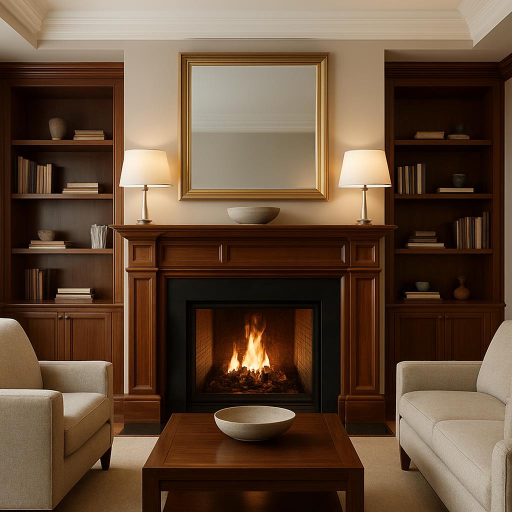 A living room featuring a fireplace with a lit fire, wooden shelving units, a mirror, two lamps, white sofas, and a coffee...