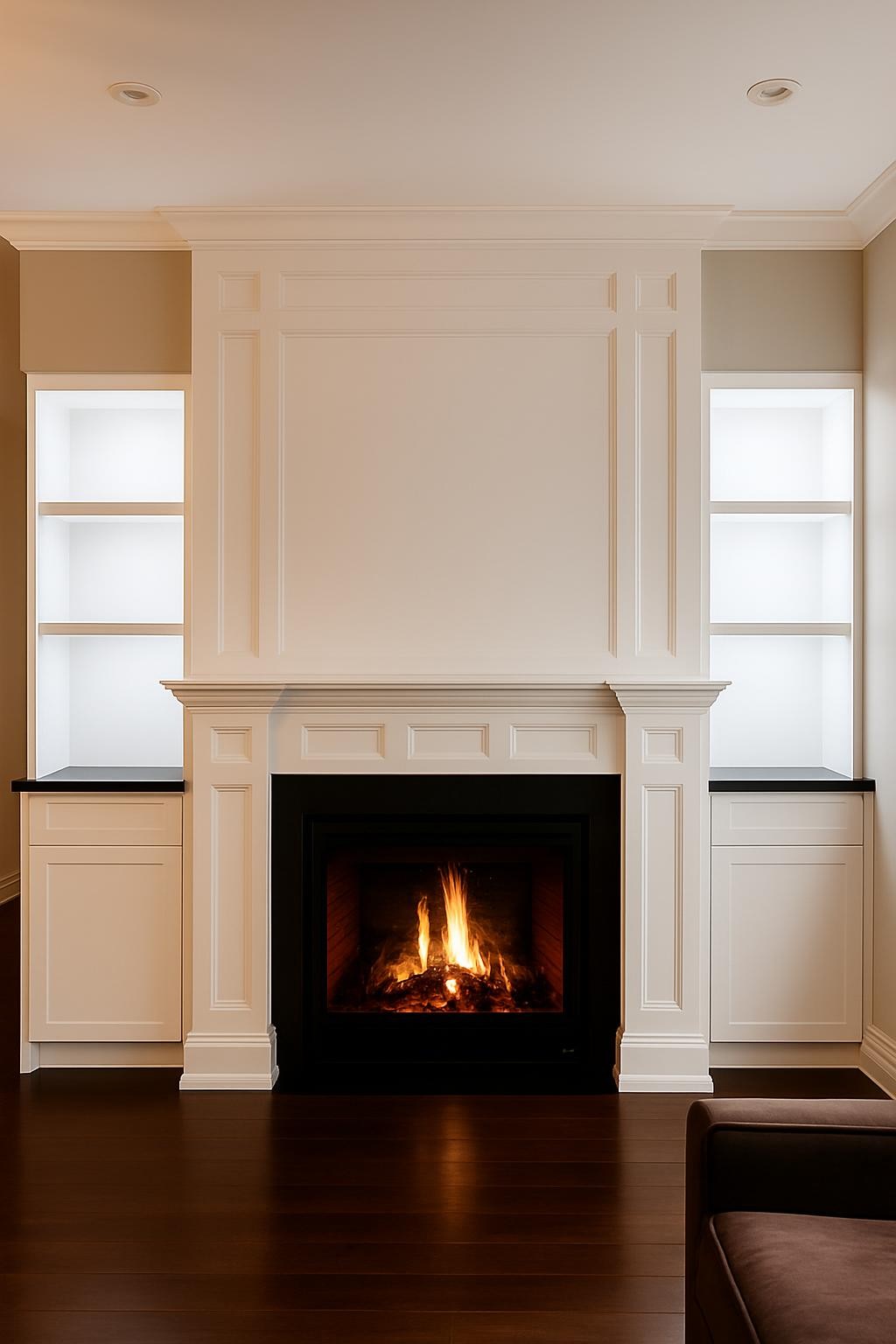 Insert a fireplace into the existing image while keeping the rest of the image unchanged.